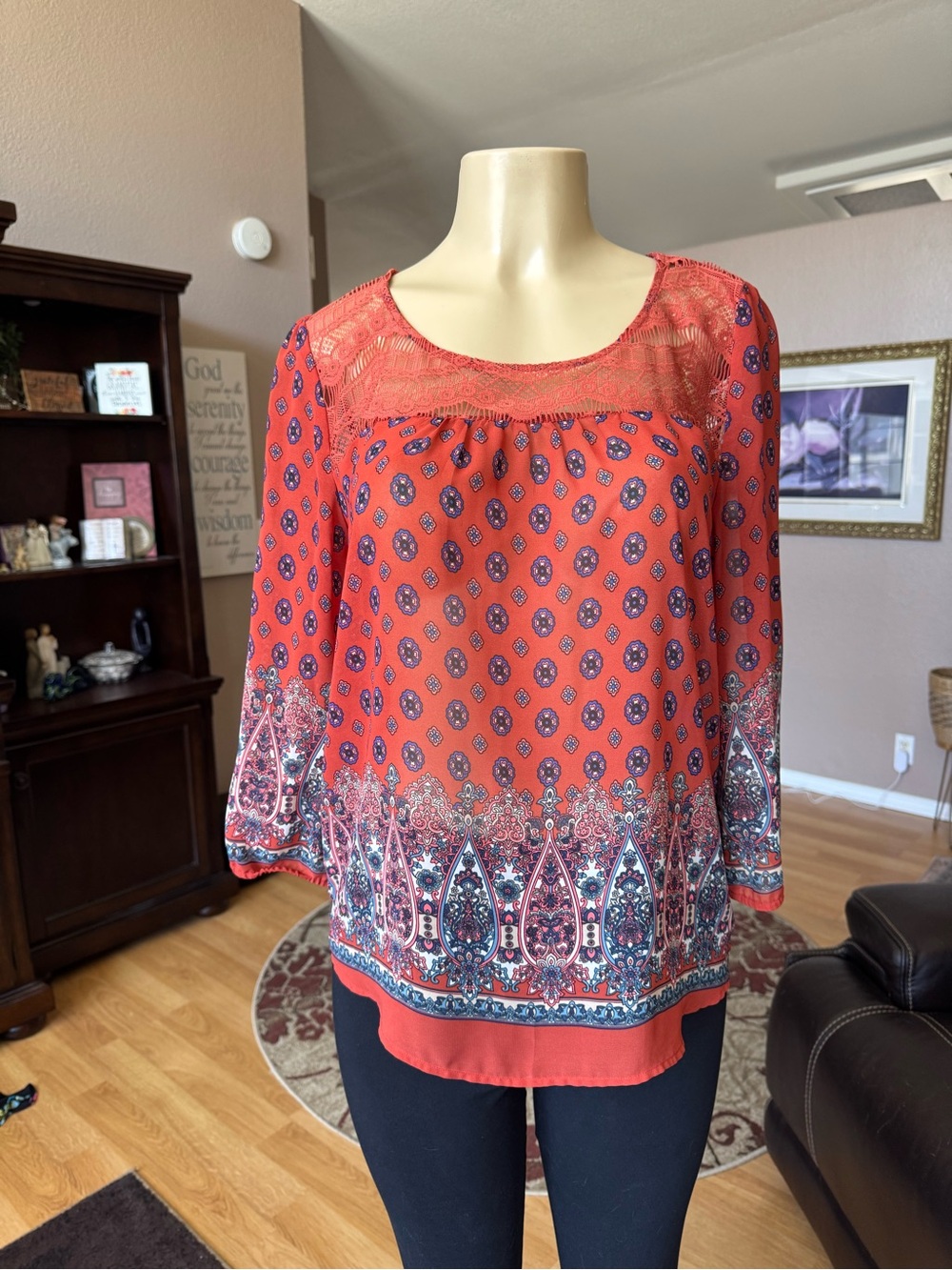 Mine reddish/brown sheer paisley border blouse-size L
